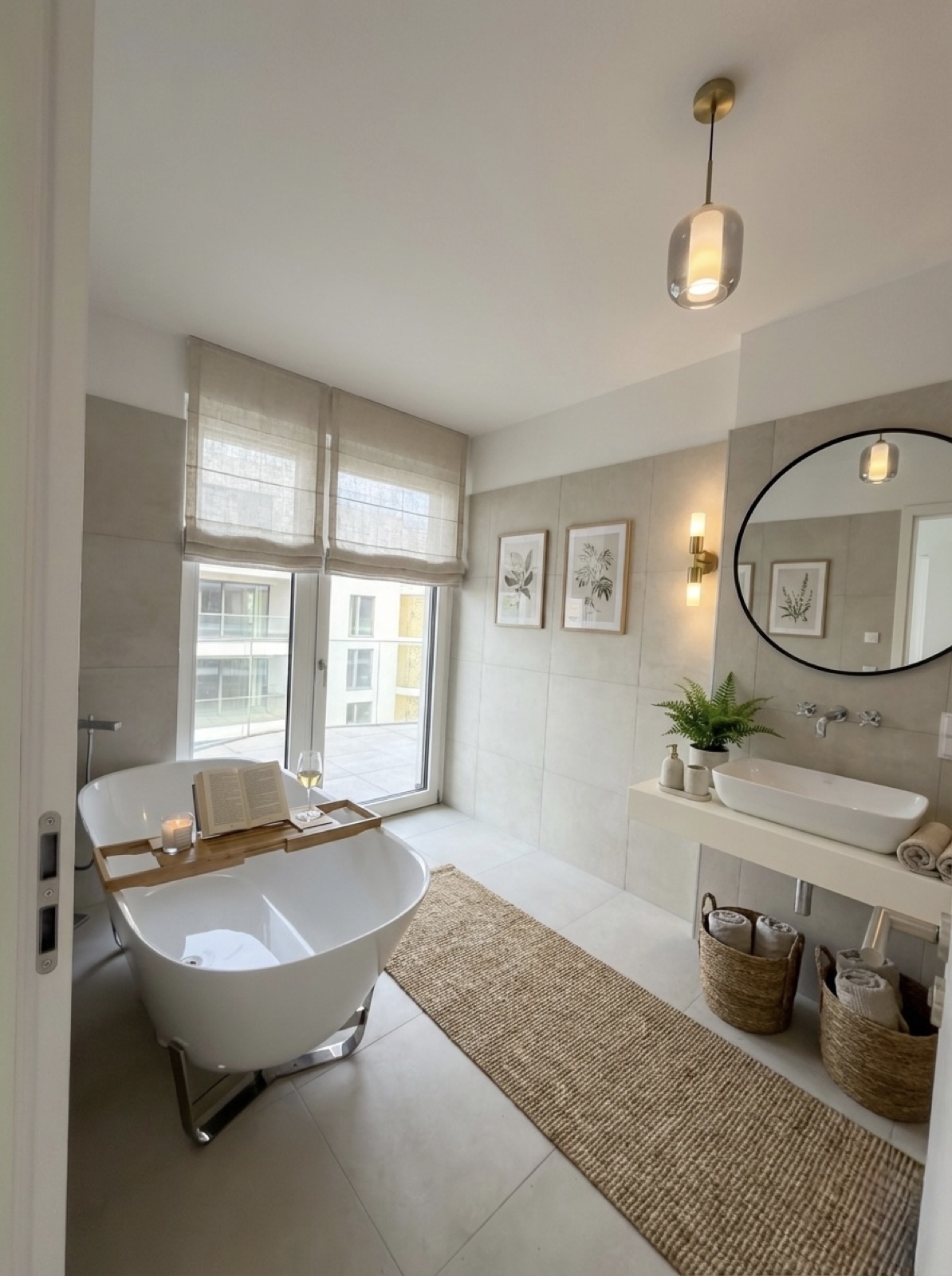 Staged bathroom with freestanding tub, book and wine props, Vienna — Best Alex Shots interior photography