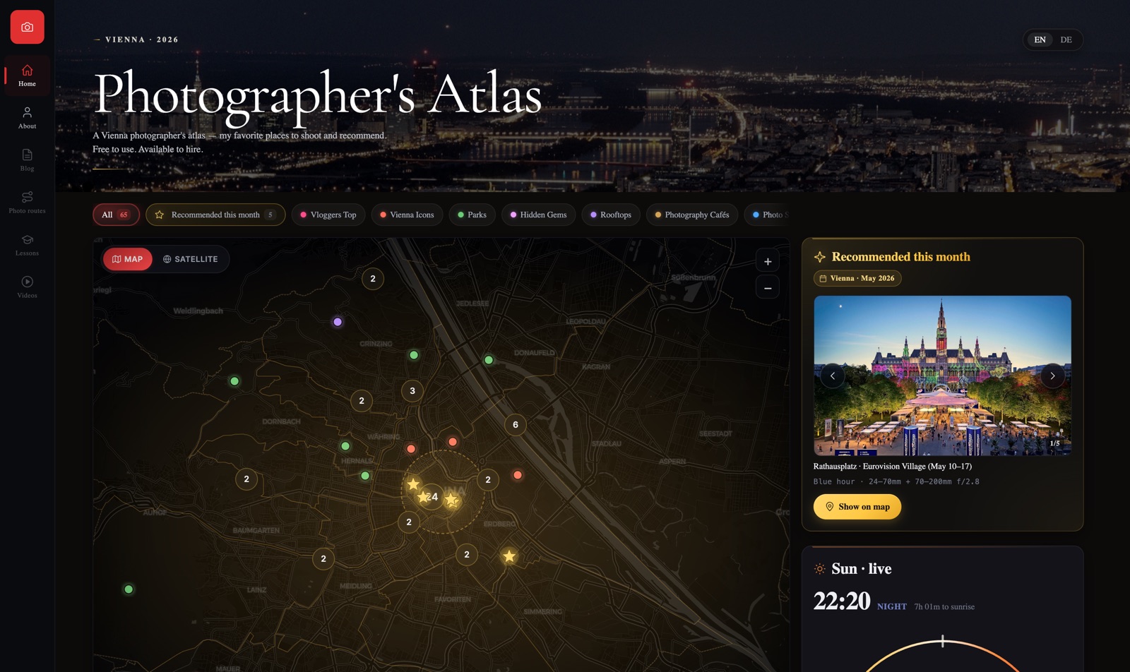 Vienna Atlas — interactive photographer's map of Vienna with curated photo spots and pins